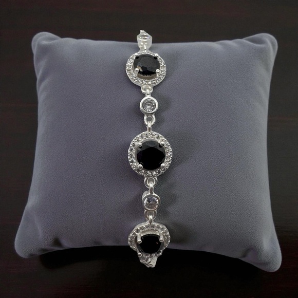 Sterling Silver Adjustable Bracelet Faux Sapphire Clear Crystals .925 - Picture 4 of 13